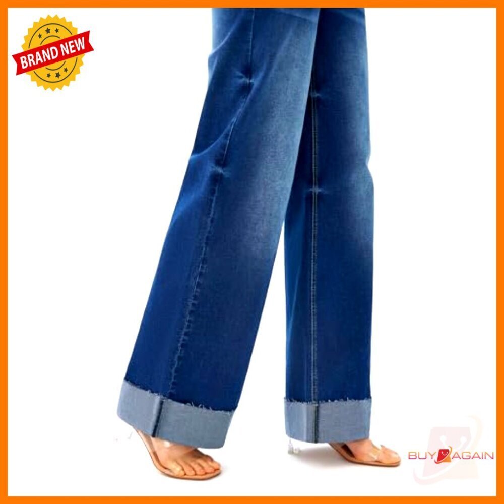 High Waisted Stretchy Wide Leg Jeans Cuffed Baggy Loose Denim Pants - Picture 4 of 7